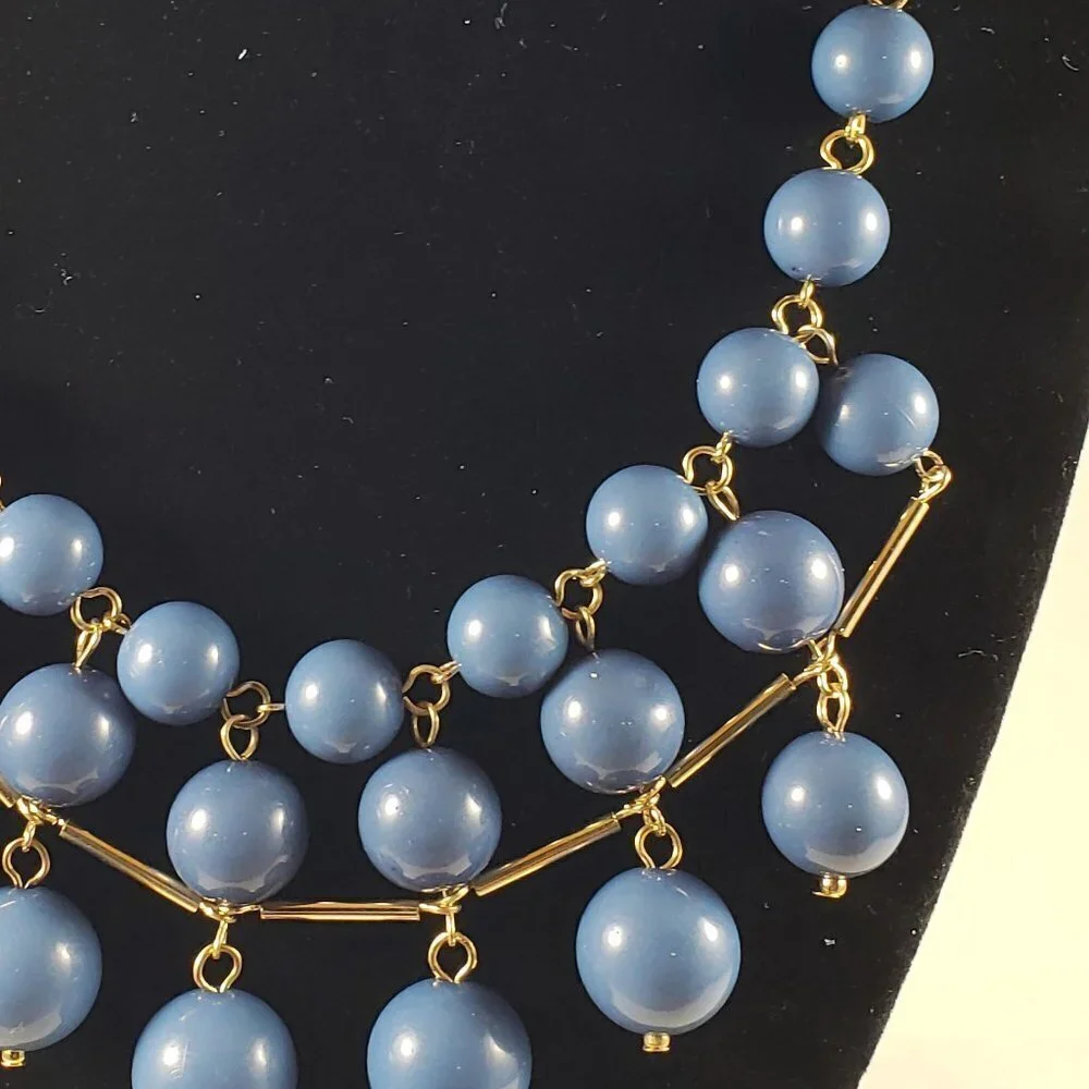 Blue Beaded Necklace & Earrings Set with Gold Links – Statement Evening Jewelry